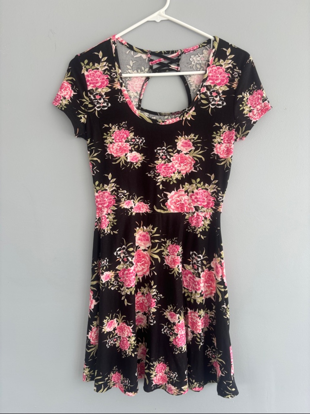 Black Floral Fit-and-Flare Dress with Pink Roses